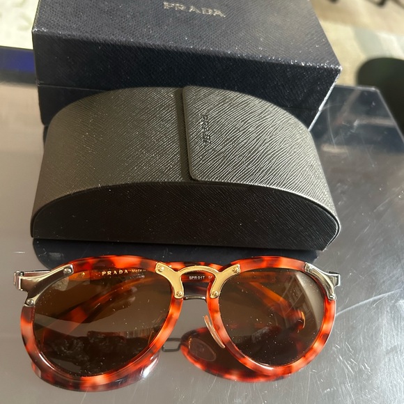 Prada Red Havana / Brown Aviator Sunglasses - Picture 5 of 6